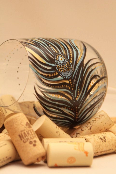 set of 4- Hand Painted Wine Glass: Peacock Design Black-Gold-Turqouise