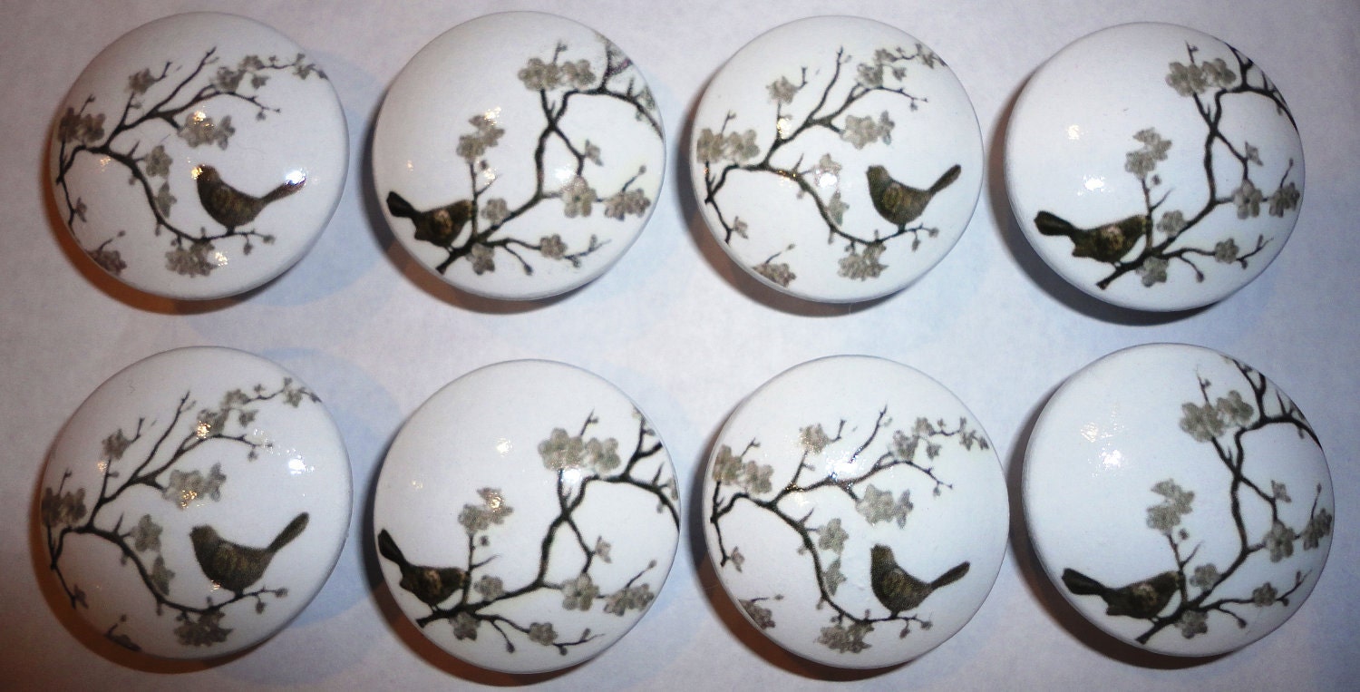 Handmade Antique Cherry Blossom Bird Dresser Drawer Knobs - Set of 8