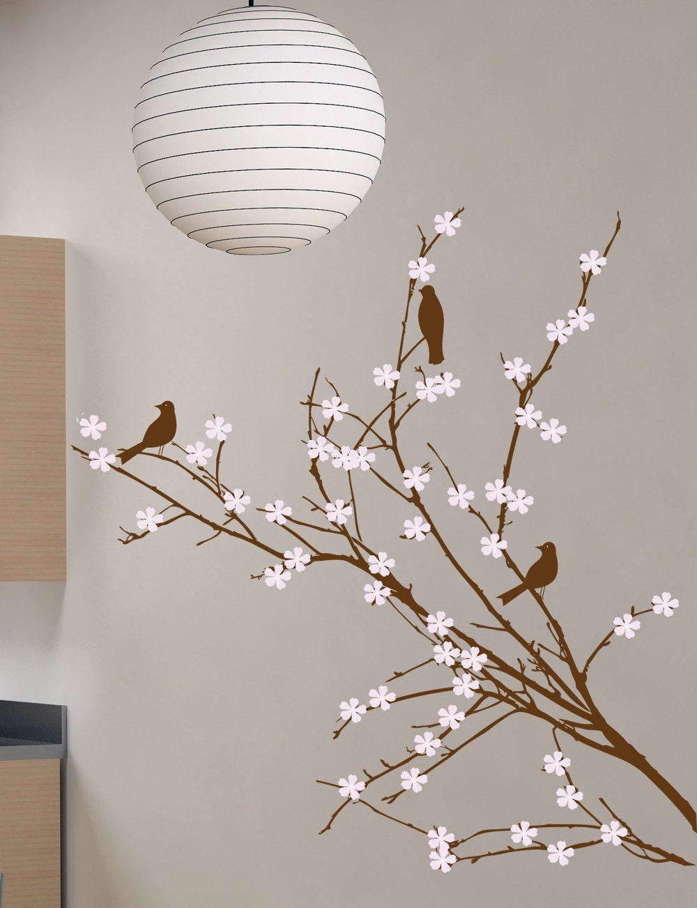 Modern Japanese magnolia branches wall decal with birds wall decals -