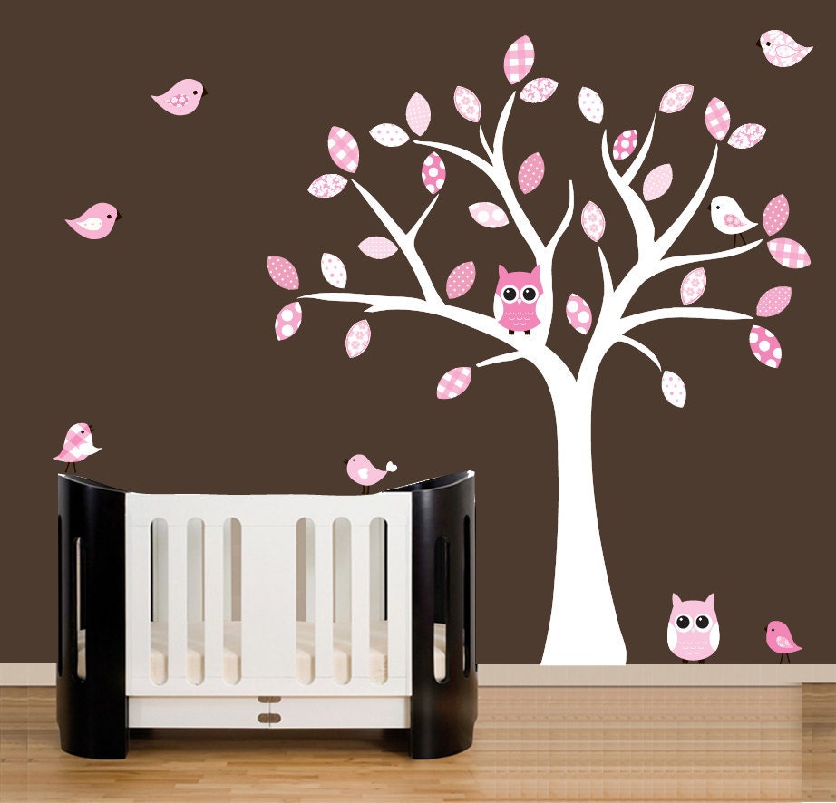 Childrens wall decal girls nursery wall white tree decal girls patterned vinyl wall art -