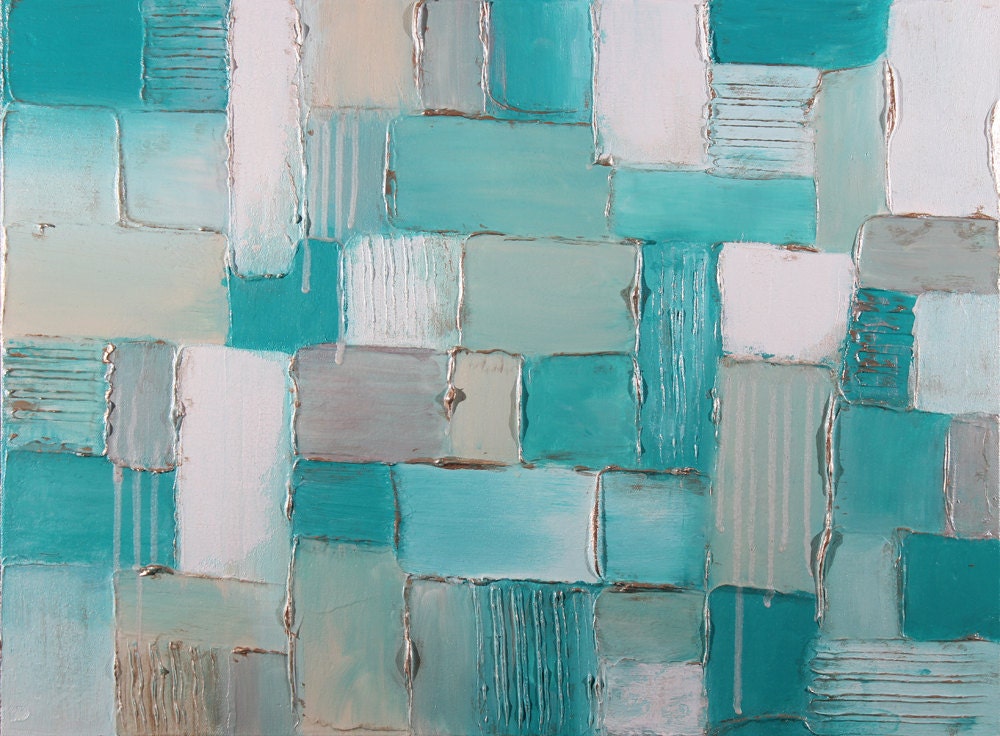 Modern Abstract Light Blue White Teal Gold Metallic Impasto Textured Squares