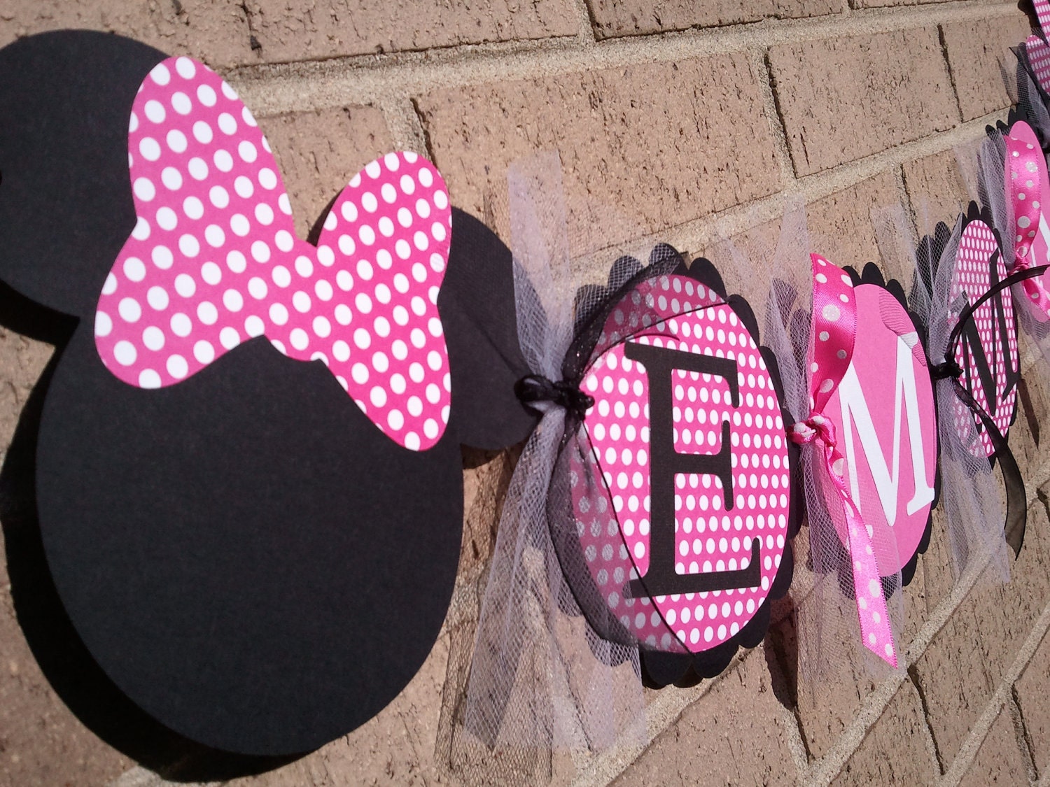 Minnie Mouse Inspired Name Banner Hot Pink With White Polka Dot and Black