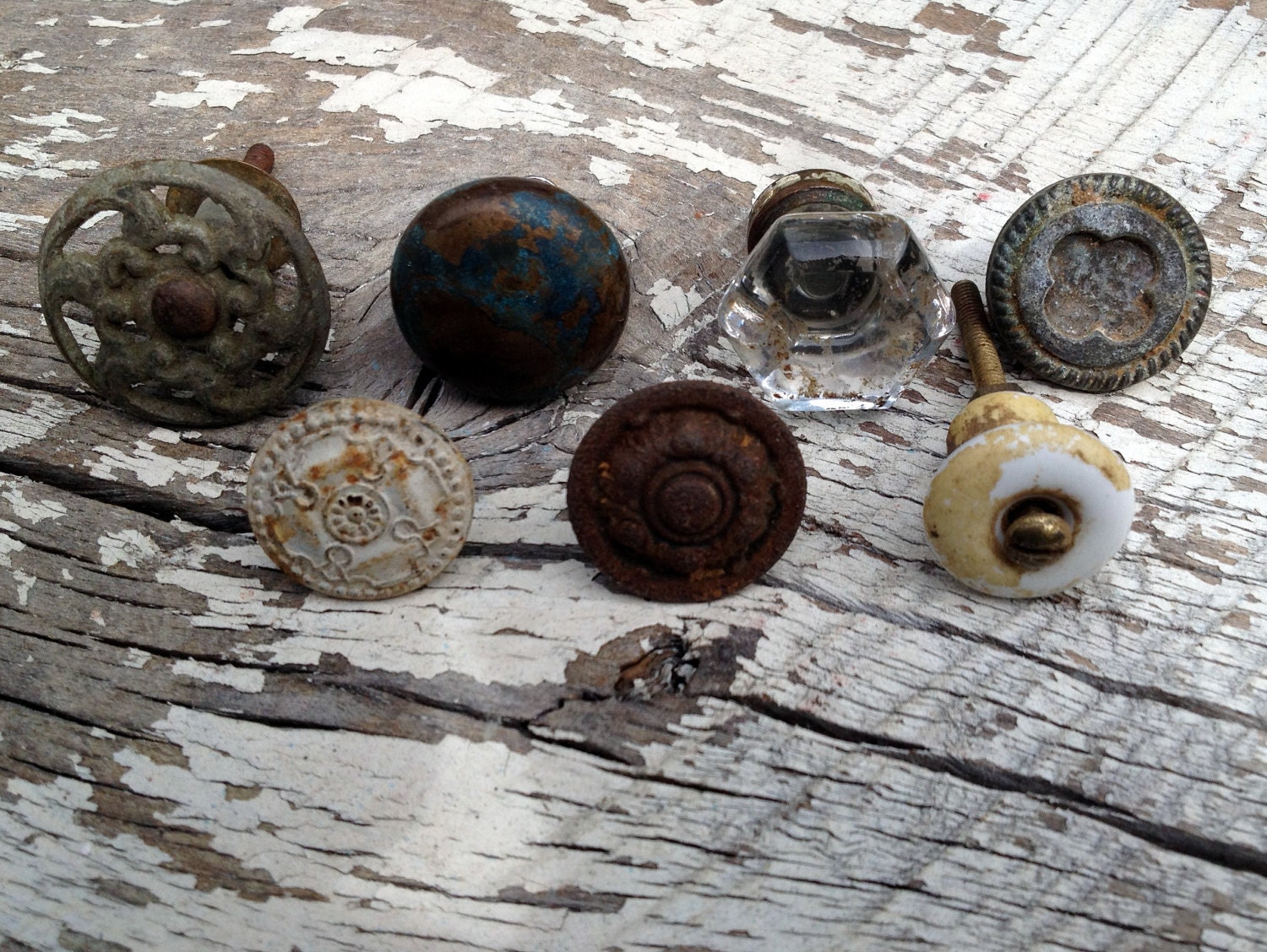 Eclectic Collection of 7 (Seven) Knobs / Mixed Metals, Porcelain, Glass / Antique and Vintage Knobs Untouched