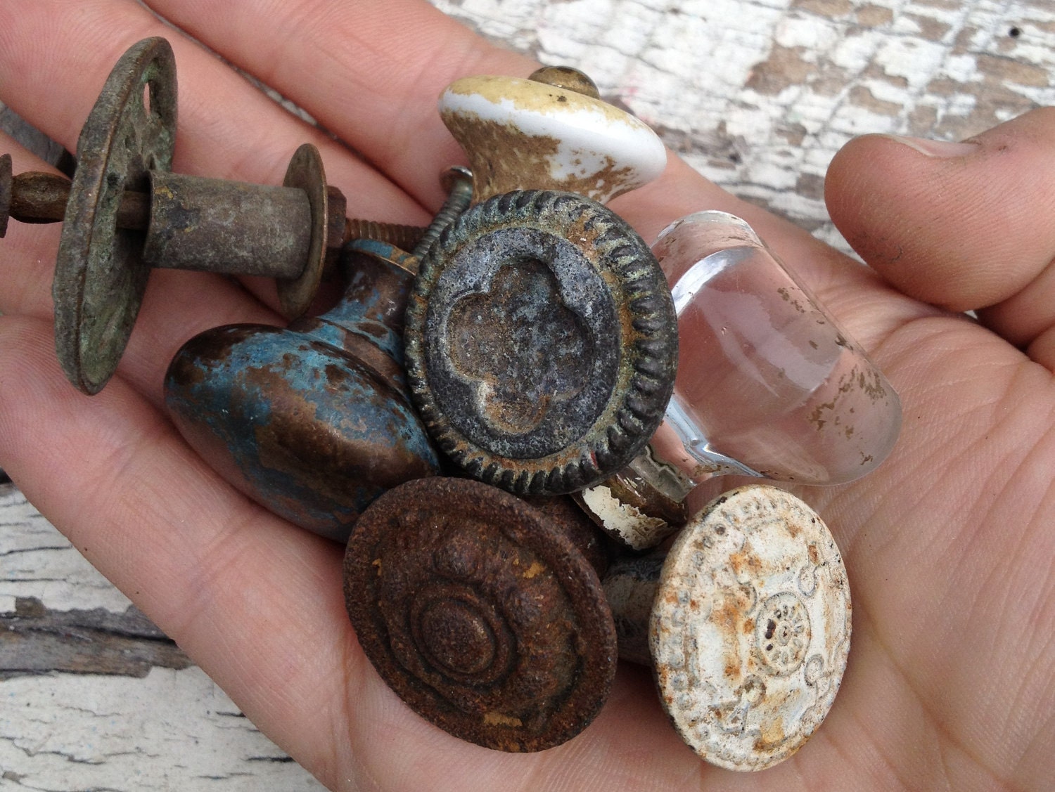 Eclectic Collection of 7 (Seven) Knobs / Mixed Metals, Porcelain, Glass / Antique and Vintage Knobs Untouched