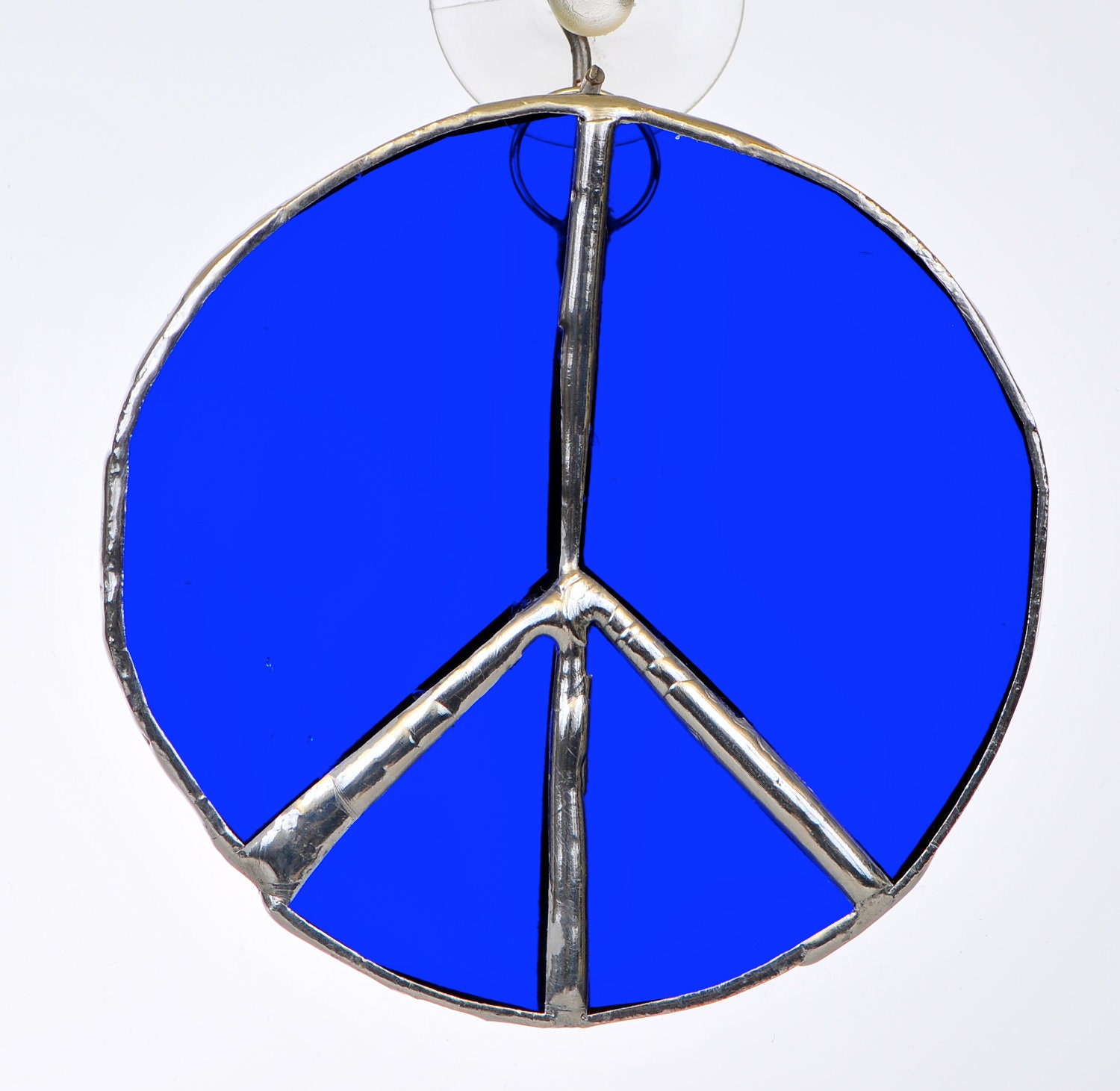 Peace sign bold bright blue stained glass suncatcher - peaceloveglass