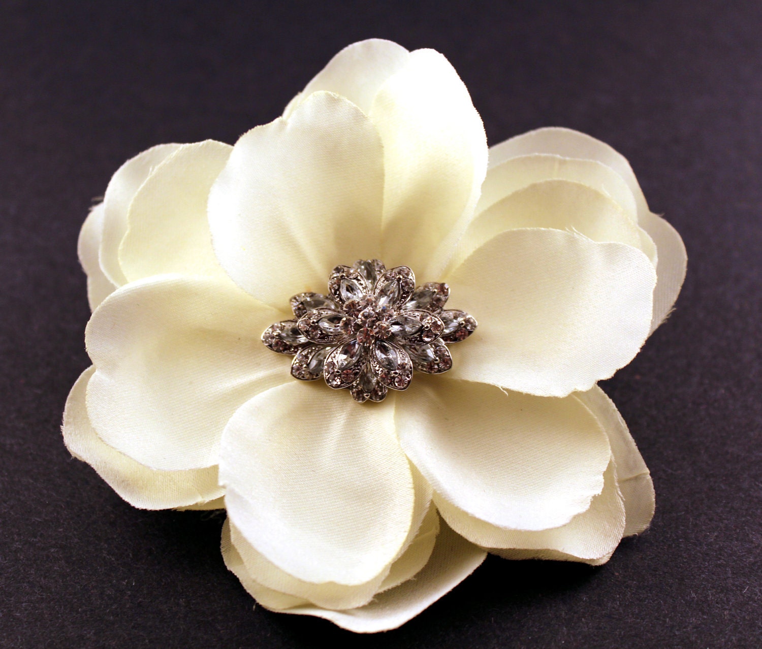Ivory Bridal Mini Magnolia Flower Hairpiece with Crystal Brooch Center