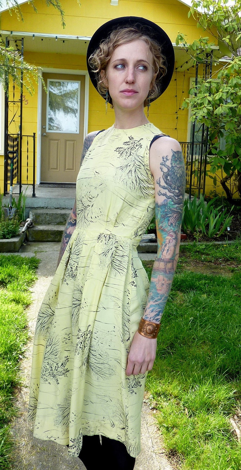50s Marjorie Montgomery California Pale Yellow  Button Back Dress
