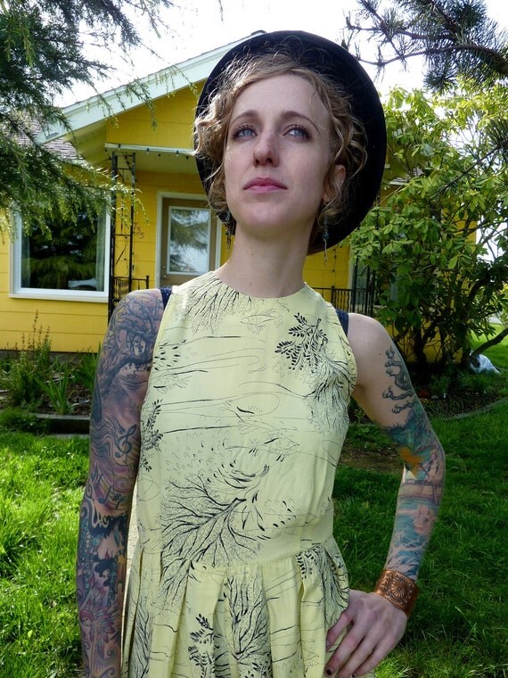 50s Marjorie Montgomery California Pale Yellow  Button Back Dress