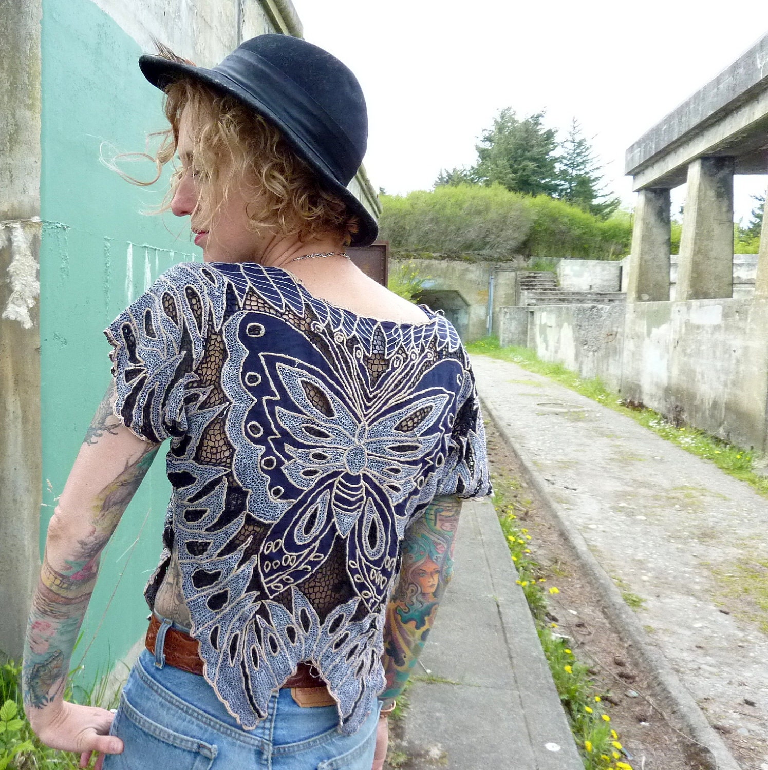 70s Knit Disco Butterfly Cropped Blouse