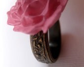Antiqued Brass Pink Flower Ring Vintage Inspired