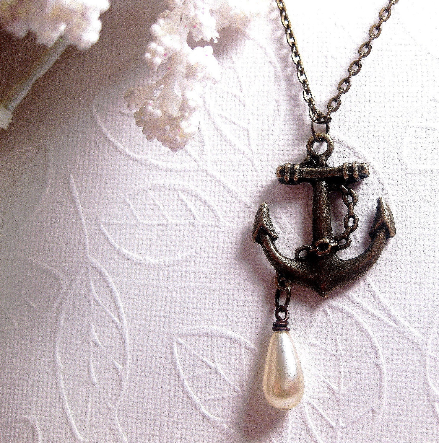 Go Sailing Anchor Necklace With Pearl - Antique Brass