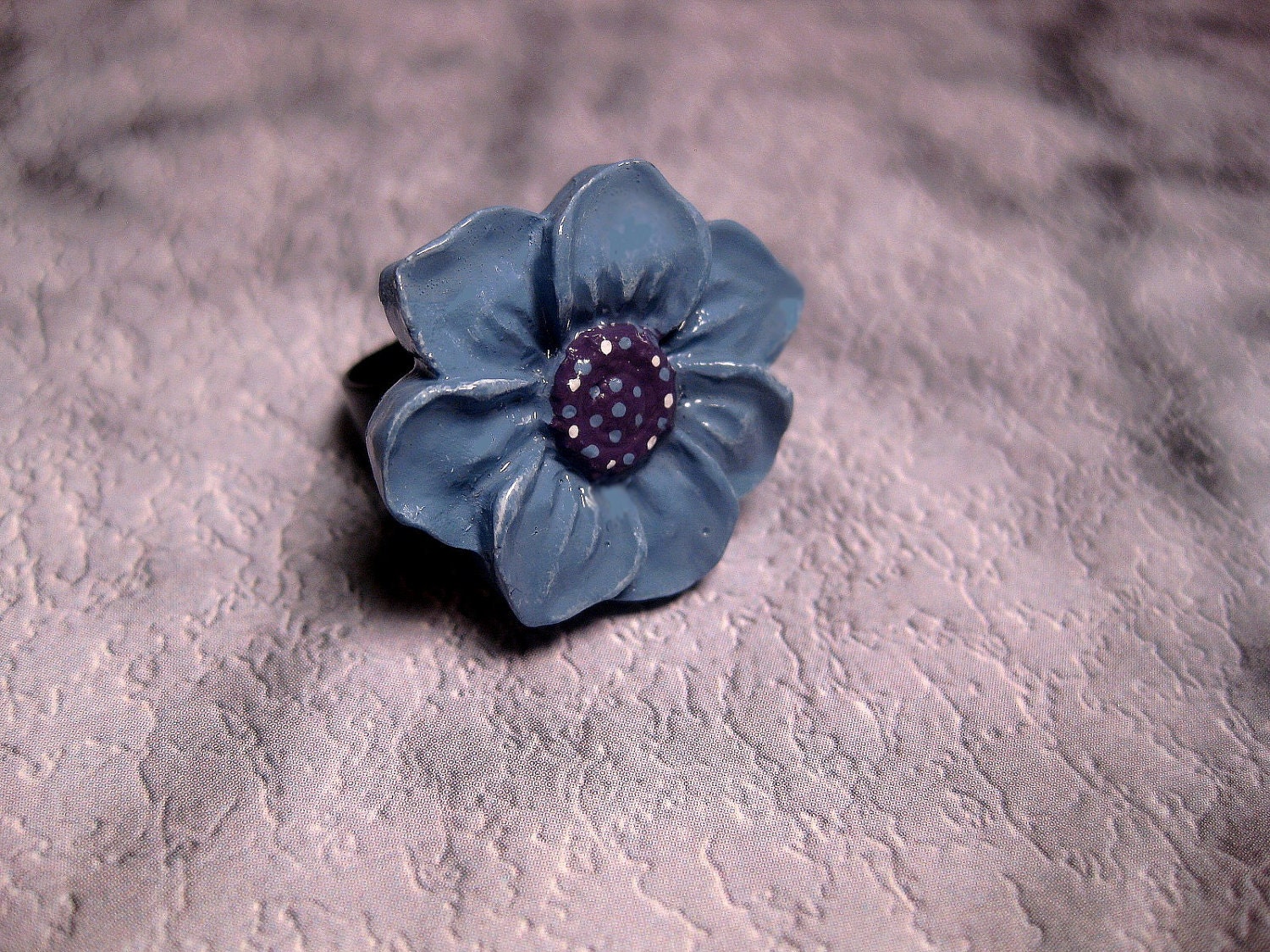 Large Blue Flower Polka Dot Adjustable Ring