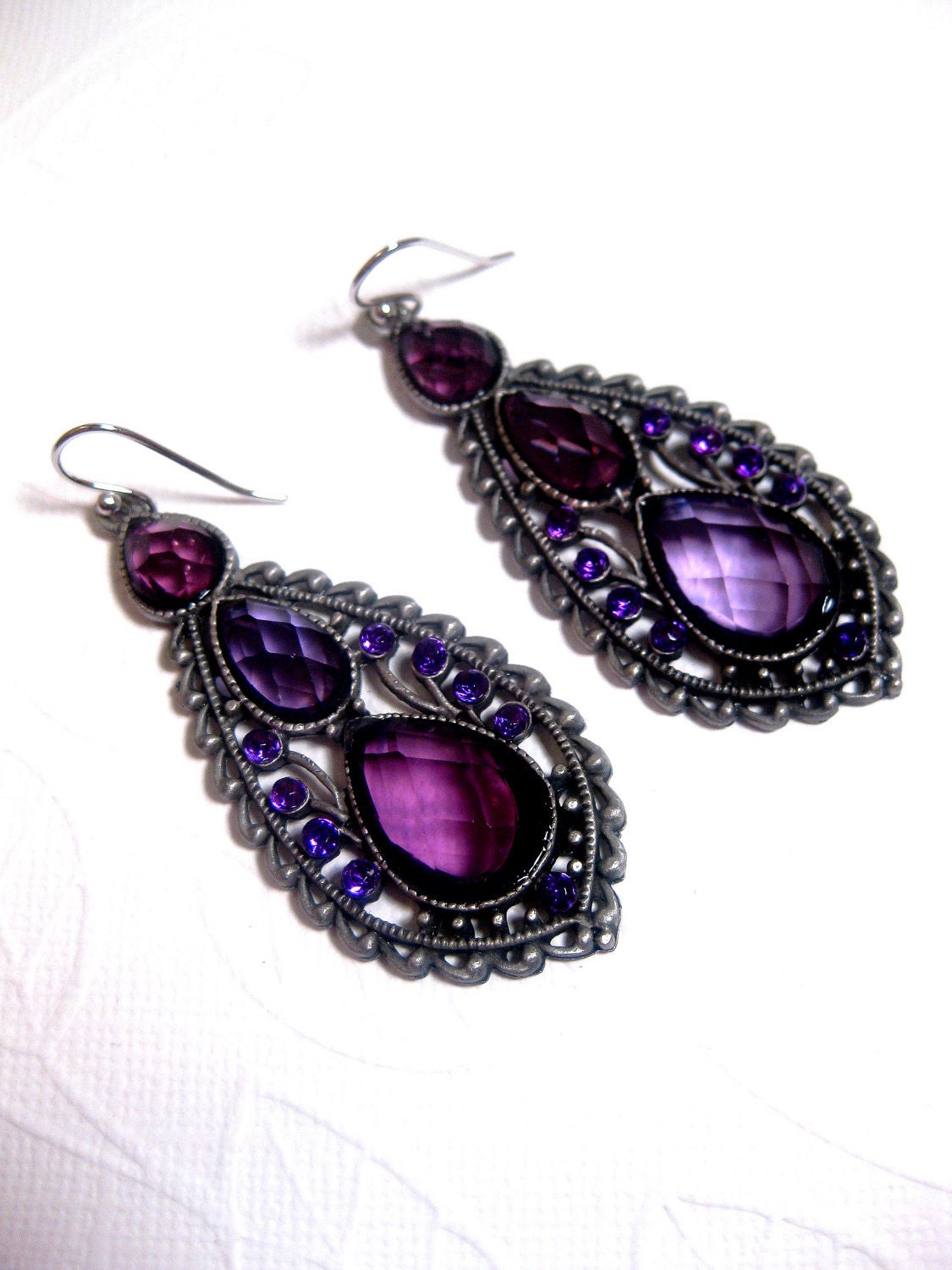 Purple Petal Gypsy Earrings Lavender Crystal Long Dangle