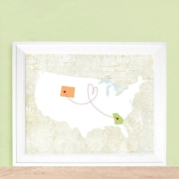 USA Map Love Themed Customized Art Print -  8x10