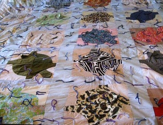 Vintage Handmade Quilt Turtles hand knotted & pieced cotton 78X90