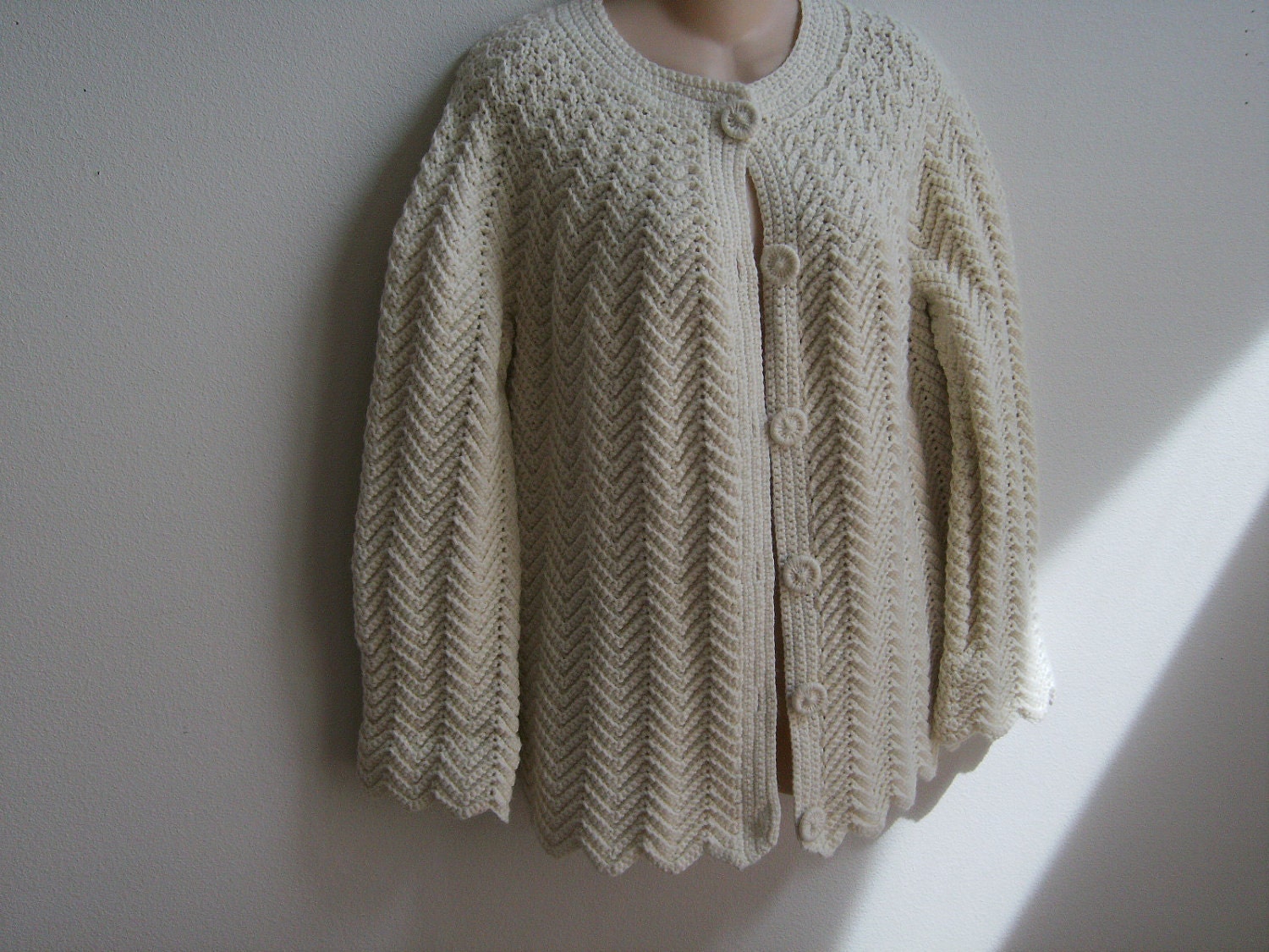 Vintage Sweater handmade Crochet ivory Cardigan Boho Granny