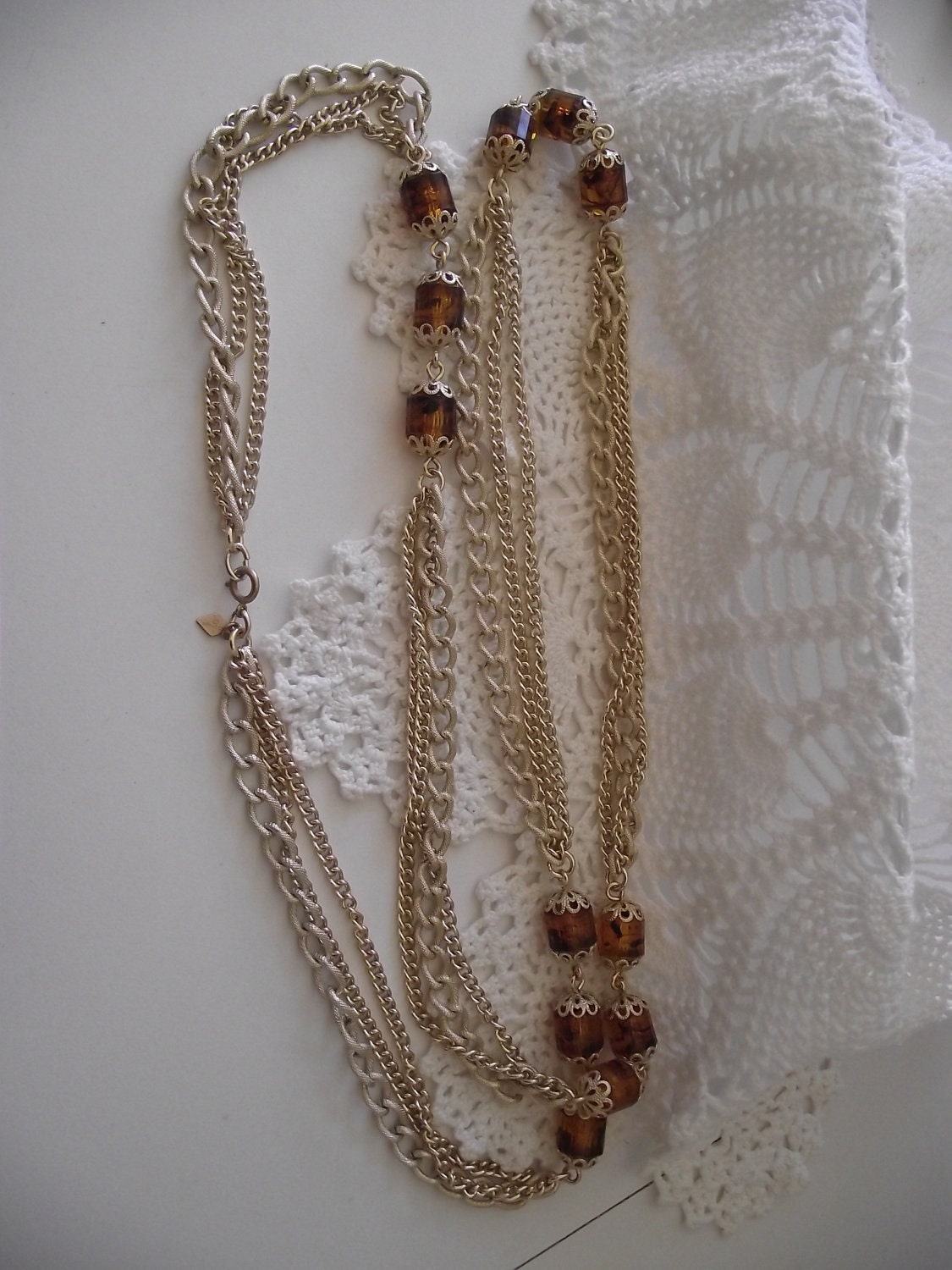 Vintage Necklace Sara Coventry Amber beads multi gold chain 50" long