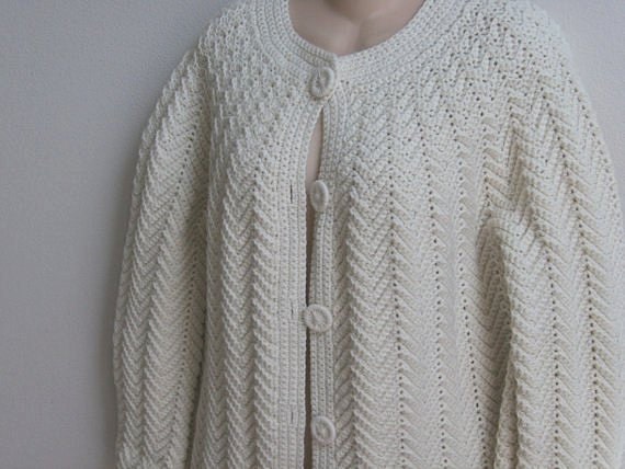 Vintage Sweater handmade Crochet ivory Cardigan Boho Granny