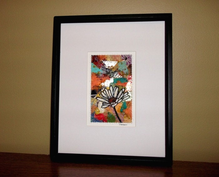 RESERVED FOR M.J. Matted and framed fiber art, abstract background and daisy thread sketch
