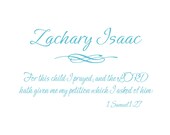 Scripture Vinyl Wall Decal - For This Child I Prayed Bible Verse 1 Samuel 1: 27 Personalized Name for Baby Nursery 22"H x 36"W FS011
