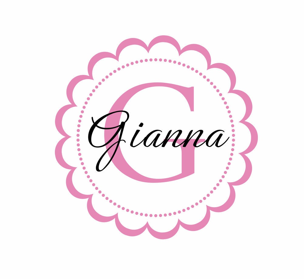 Name and Initial Vinyl Wall Decal - Round Scallop Border Circle Decal with Monogram for Girl Baby Nursery or Room Decal 22Hx22W FS057
