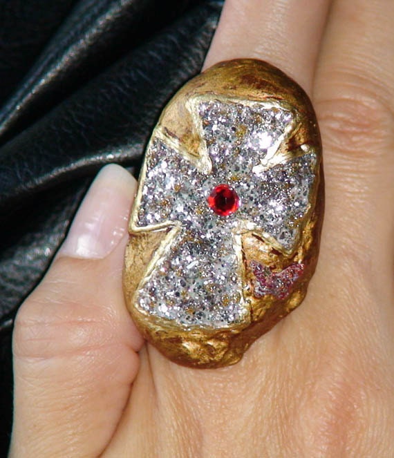 BIG GOLD CROSS Stone Knuckle Ring one of a kind Cocktail Ring HandPainted Bohemian Style Jewelry Silver Cross Designer Statement Jewelry