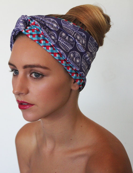 Turban Headband - 1950's style - Purple skull vs check Print
