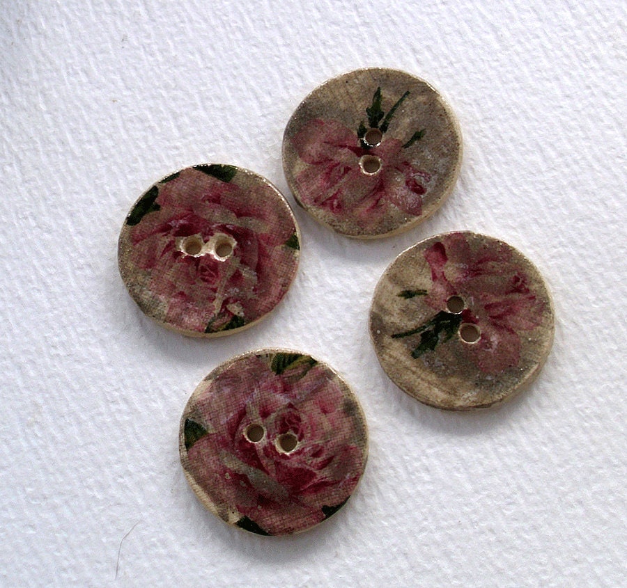 ceramic buttons -photorealistic roses - hand made with vintage ceramic decals -