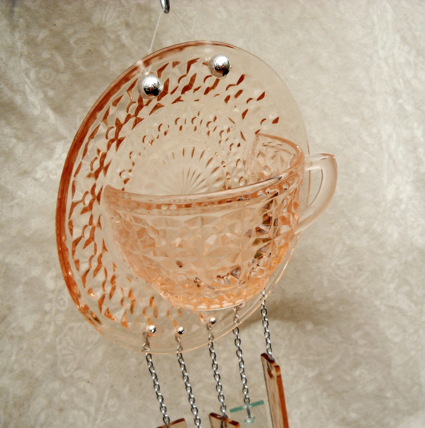 Depression Glass Wind chime upcycled Vintage Teacup and Saucer windchime  Glass Yard Art
