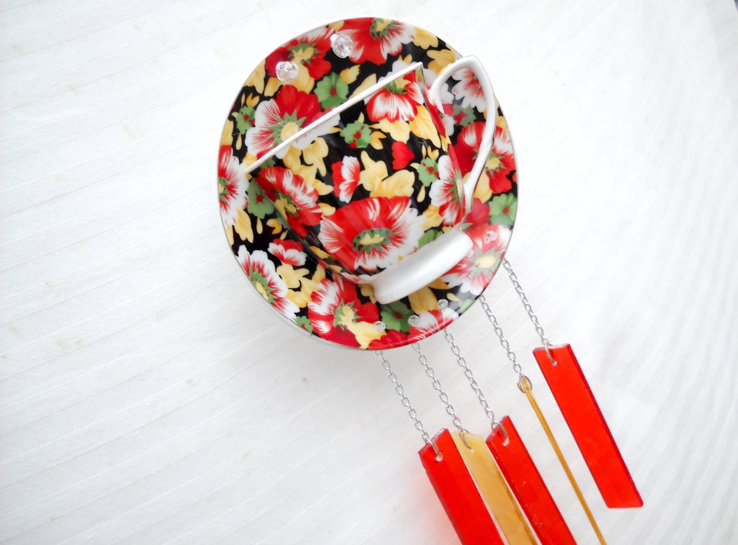 Flowered Chintz Tea Cup and Saucer Wind Chime Suncatcher