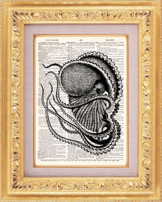 Classic Octopus Ocean Sea Life Print Vintage Dictionary Print Vintage Book Print Page Art Upcycled Vintage Book Art