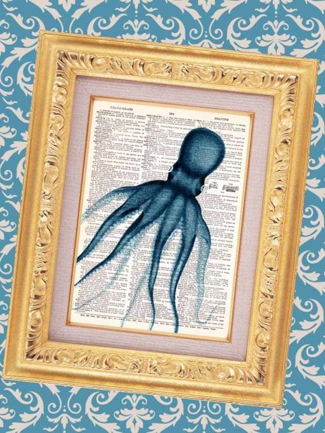 Ocean Blue Octopus Sea Print - Vintage Dictionary Print Vintage Book Print Page Art Upcycled Vintage Book Art