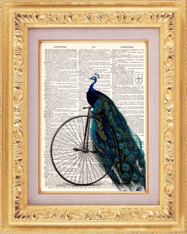 Peacock Riding A Bike - Vintage Dictionary Print Vintage Book Print Page Art Upcycled Vintage Book Art