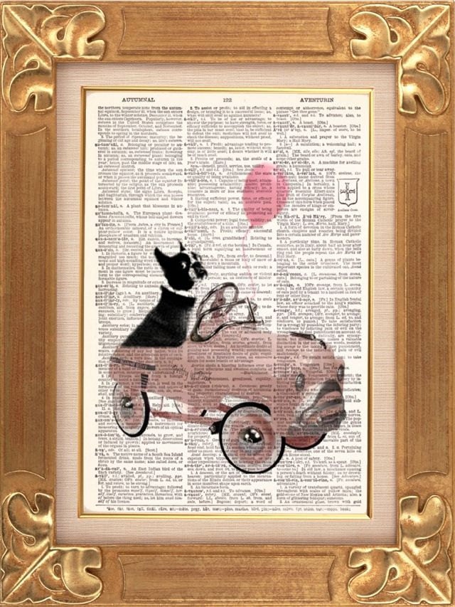 French Bulldog In Pink Car - French Bulldog In Pink Car Vintage Dictionary Print Vintage Book Print Page Art Upcycled