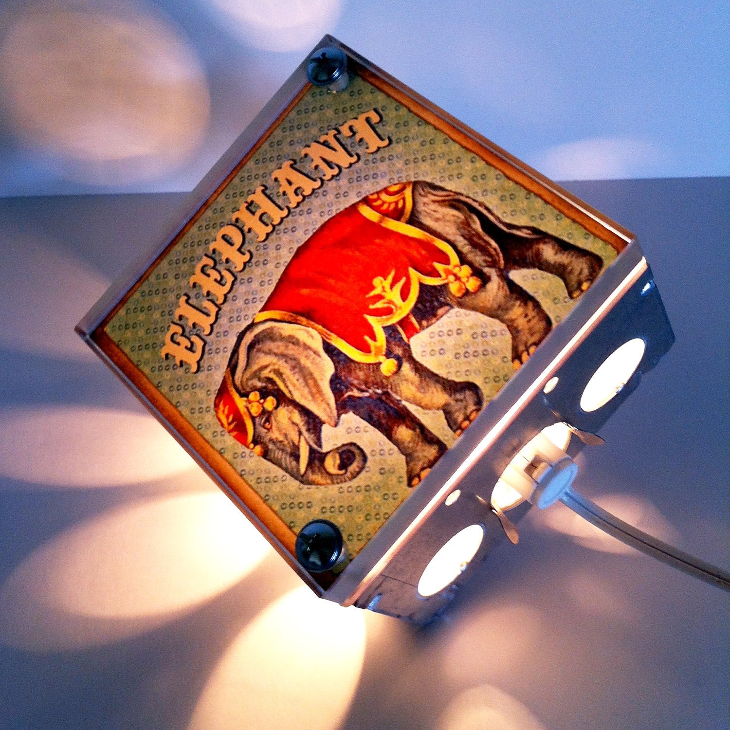 Circus Elephant - Nursery Night Light - Vintage Dictionary Print Design Repurposed Upcycled Light Box Night Lights