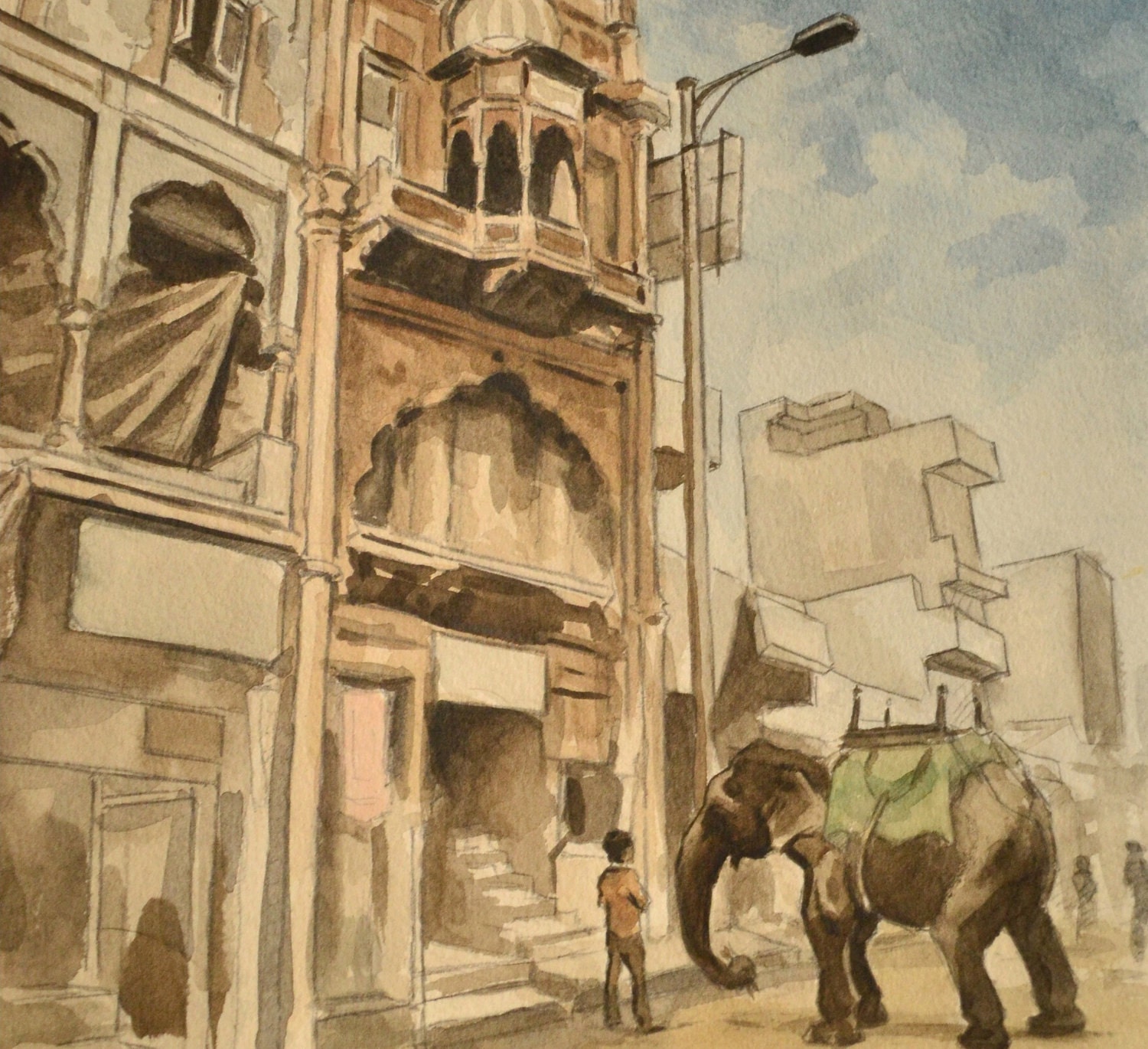 Delhi Cityscape with Elephant Original Watercolor 10x14 FREE SHIPPING