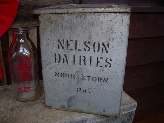 SALE Antique Metal Milk Box Nelson Dairies PA by PiecesOfPastimes