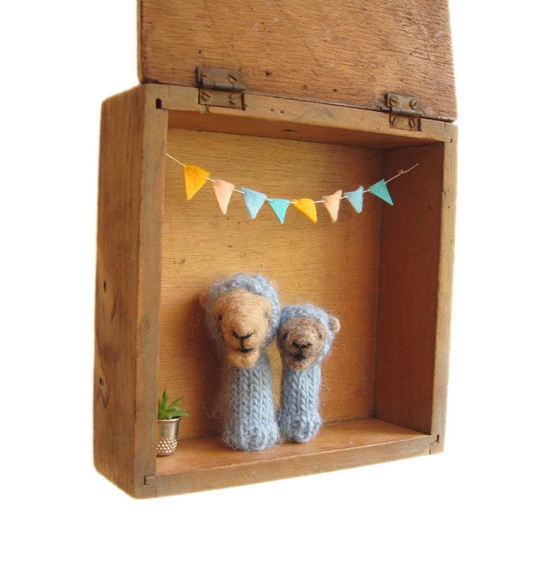 Felted CAMEL FINGER PUPPETS in a Vintage Shadow Box, Children, Art, Eco Friendly Toy, Wall Hanging, Nursery Decor, Father and Son