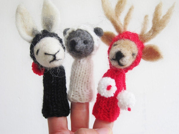 BABY  MOBILE / Wall Hanging, Rabbit Bear & Reindeer Felted Wool Finger Fuppets in Black White and Red, Children's  Soft and Nursery Decor