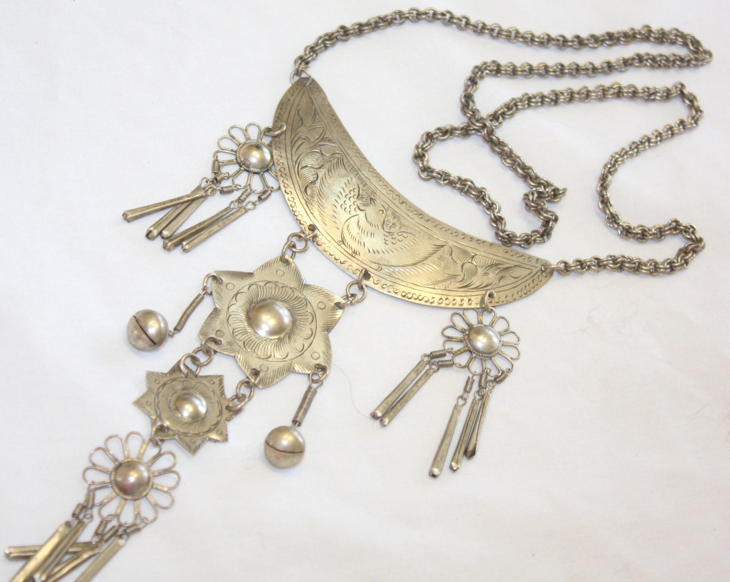 Exquisite Antique - Vintage Silver Large Tribal Bib Necklace, Well crafted.