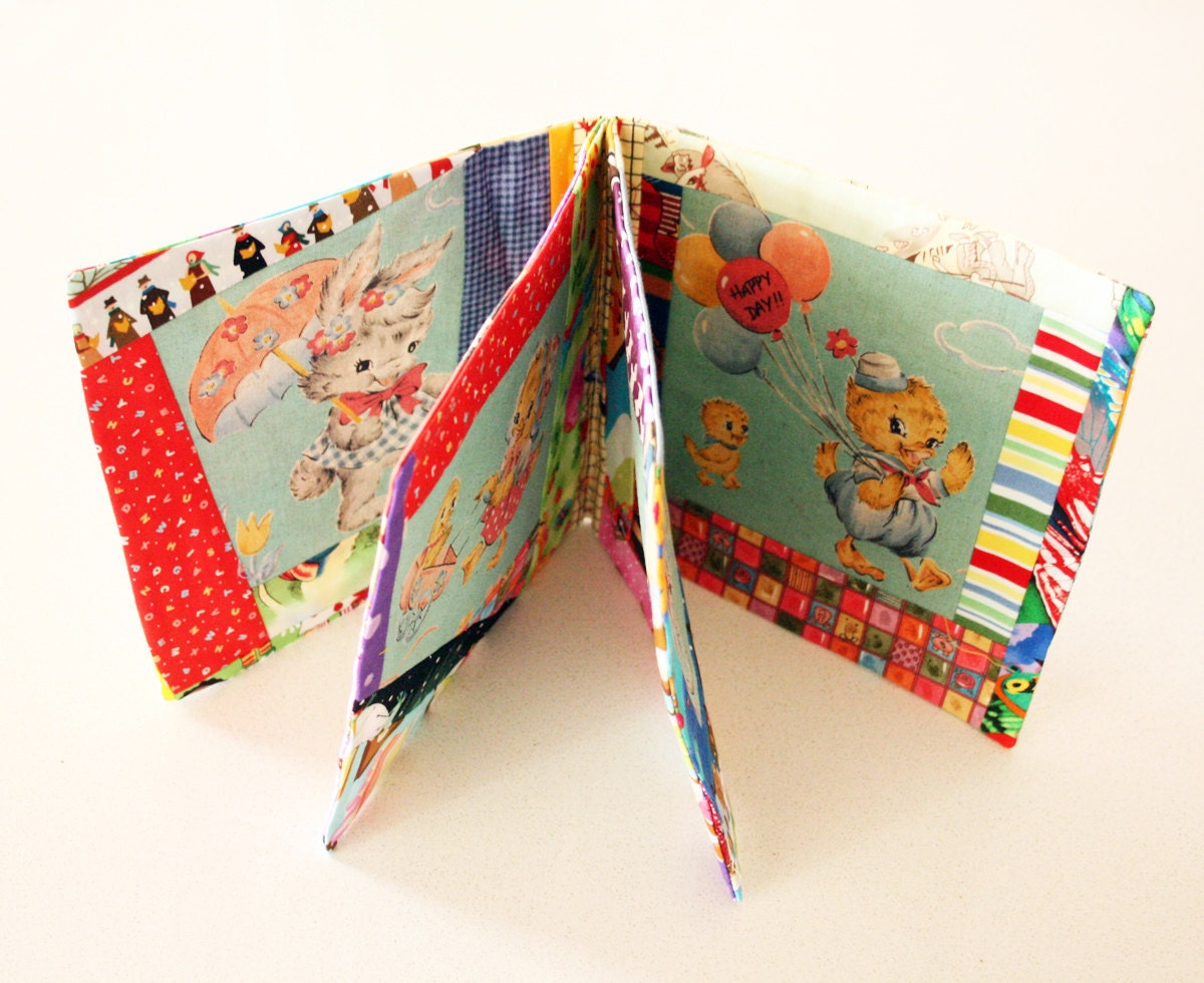 Fabric baby book - Retro prints OOAK Soft book gift for baby, newborn, baby shower and little girls. Handmade book by Funkybunts