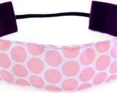 NOODLE HUGGER Non slip ribbon headband - white with pink polka dots - 1.5 inch (running, working out, everyday: women and girls)
