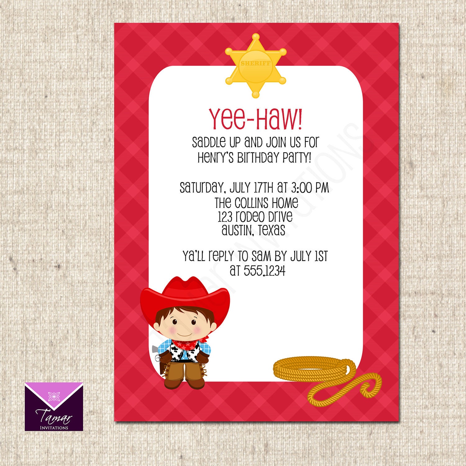 Printable Cowboy Birthday Party Invitation, Thank You Card, Cupcake Toppers/Tags