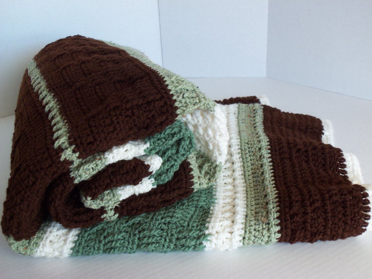 Sage Green and Brown Textured Afghan