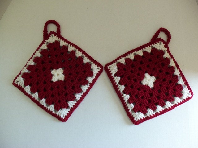Granny Square Hot Pads - Red and White