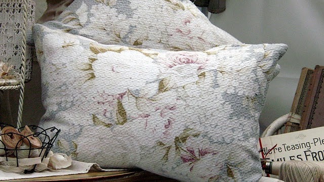 Vintage 1930s Floral English Roses and Lilacs Pale Muted White and French Beach Cottage Gray Blue Barkcloth Hemp Fabric Pillow