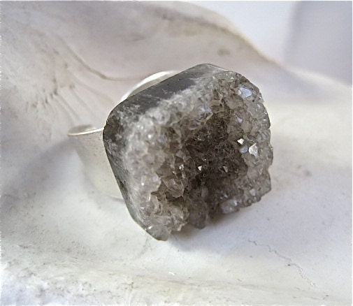 Smokey Quartz- Grey Druzy- Matte Silver -Mineral Ring