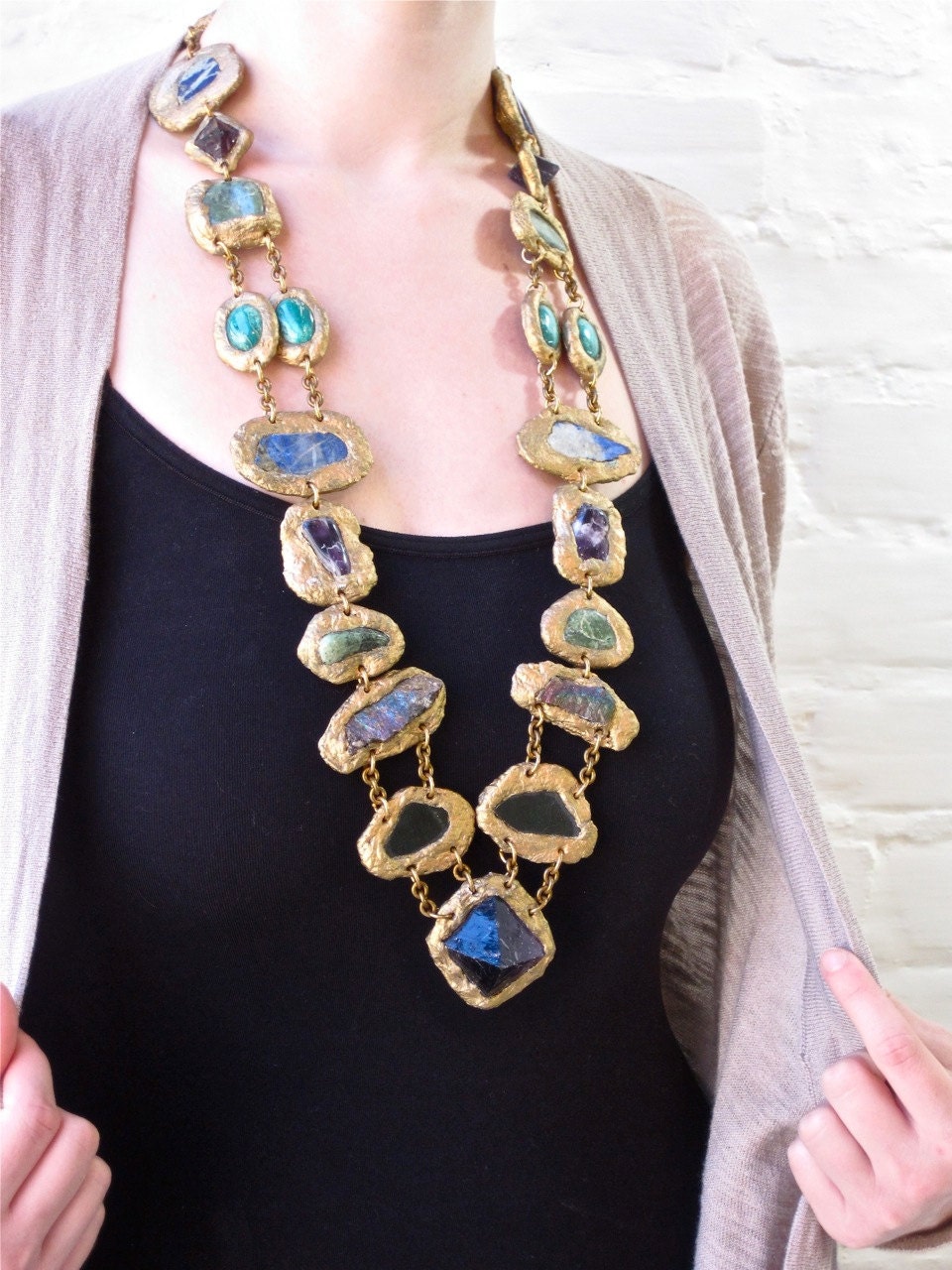 STATEMENT NECKLACE-SemiPrecious Minerals and Stones multi color Necklace-Wearable Art by Pauletta Brooks