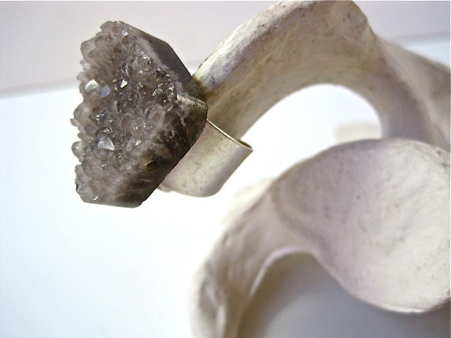 Smokey Quartz- Grey Druzy- Matte Silver -Mineral Ring
