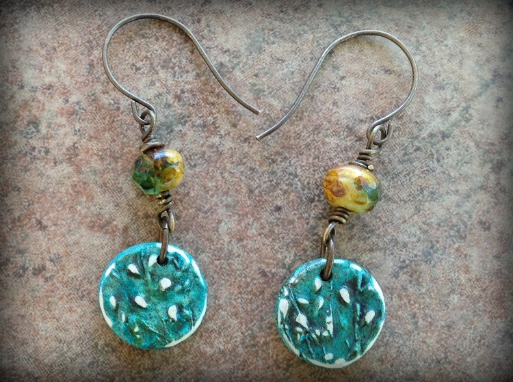 Teal Polymer Clay Picasso Czech Glass Brass Earrings